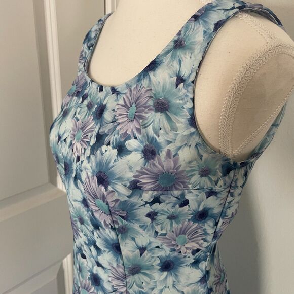 Vtg 90s Sleeveless Mini Dress in Blue Daisy Print by All That Jazz - Size 7/8 - Picture 3 of 7